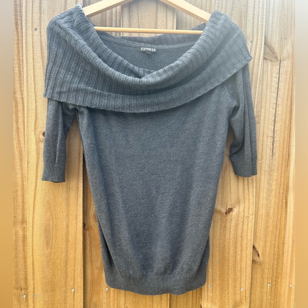 Express Charcoal Gray Off-Shoulder Ribbed Foldover Sweater